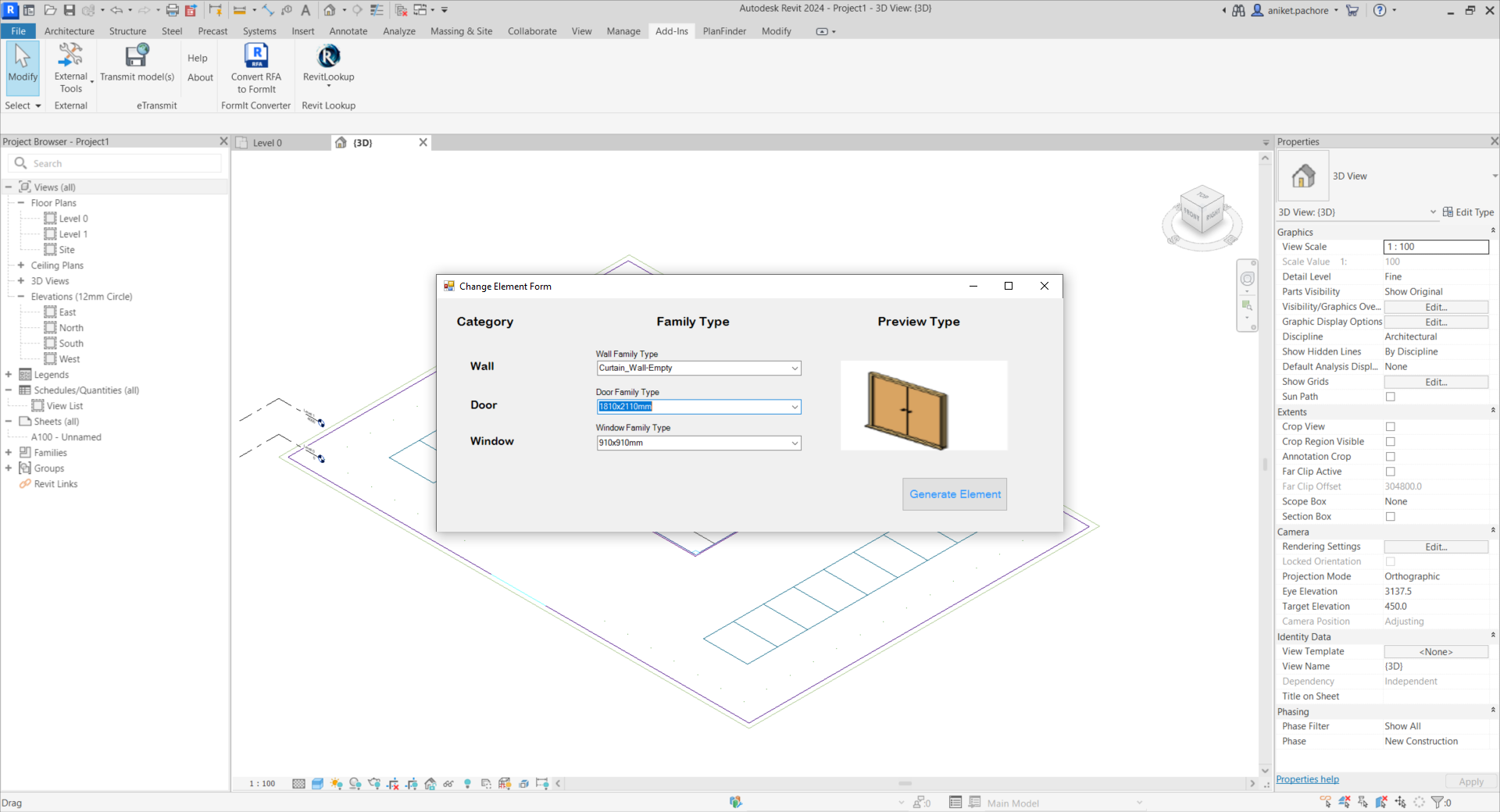 AutoCAD 2D to Revit 3D element type configuration form