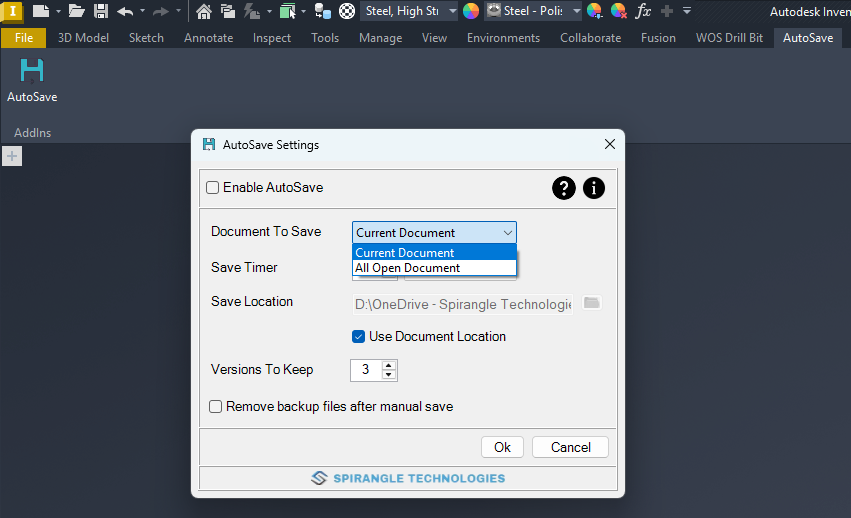 Autodesk Inventor Autosave utility settings for managing CAD document saving