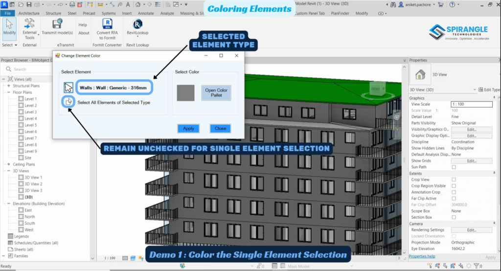 Revit element type selection for applying colors with Coloring Elements plugin