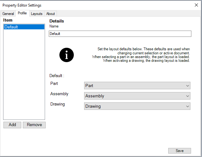 Profile settings in the Autodesk Inventor Property Editor Add-in