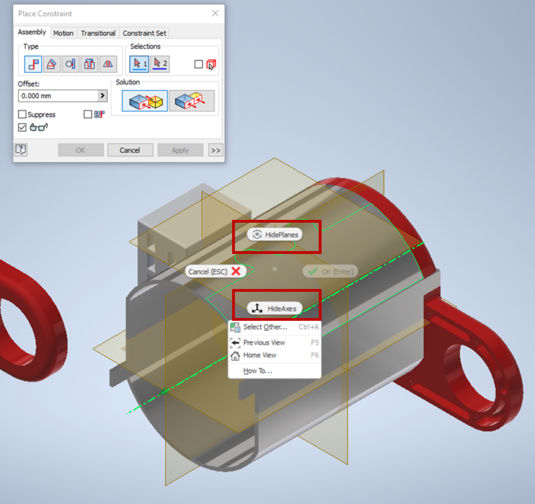 Clean Autodesk Inventor assembly workspace after automatic plane and axis cleanup